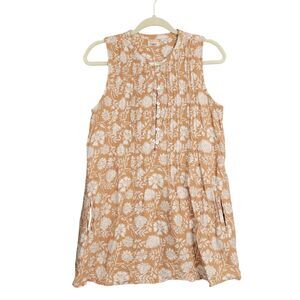 FAHERTY Isha Floral Linen Blend Sleeveless Raw Hem Pintuck Top SIZE XS